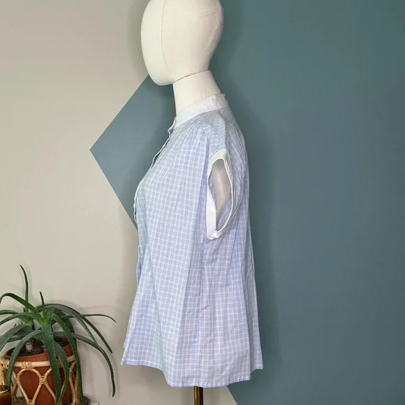 Vintage C&A Blue Checkered Blouse Mandarin Collar Short Sleeve ButtonDown Top 14 - Picture 3 of 9